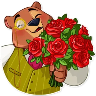 💐 หมี, แว่นตาข้างเดียว, ดอกกุหลาบ, ช่อดอกไม้, การ์ตูน, สัตว์ telegram sticker