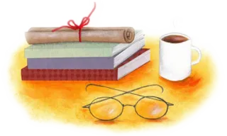 📖 libri, caffè, occhiali, pergamena, lettura, studio telegram sticker