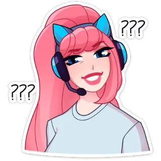 ❓ ??? 问号, 粉色头发, 猫耳, 耳机, 游戏玩家, 女性, 卡通 whatsapp sticker