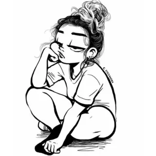 😒 zeichnung, cartoon, mädchen, sitzend, gelangweilt, faul, frau telegram sticker
