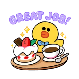 👍 GREAT JOB! felicitaciones, logro, éxito, celebración, dibujo animado, pollito amarillo, pastel, café whatsapp sticker