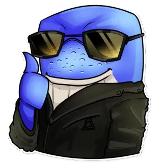 😎 desenho animado, personagem, azul, óculos de sol, polegar para cima, jaqueta telegram sticker