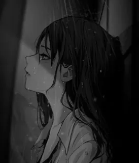 😭 Anime, Gadis, Hujan, Sedih, Menangis, Skala abu-abu, Emosional telegram sticker