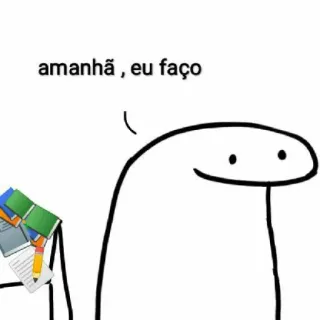 🥲 amanhã , eu faço procrastination, cartoon, stick figure, books, desk telegram sticker