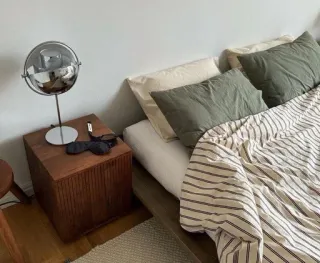 ☁️ bedroom, bed, lamp, sleep mask, furniture, bedside table, interior, pillow telegram sticker