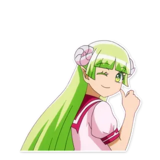 😉 สาวอนิเมะ, สาวปีศาจ, ผมสีเขียว, เขา, ขยิบตา telegram sticker