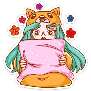 😯 fille, mignon, kawaii, coussin, chapeau chien, animé telegram sticker