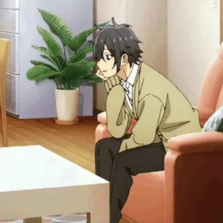 🌚 Anime, Sentado, Pensando, Interior, Planta telegram sticker