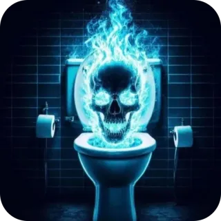 🫥 skull, blue fire, toilet, glowing, surreal, bathroom, flaming skull telegram sticker