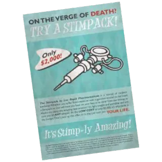 👩‍🔬 ON THE VERGE OF DEATH?
TRY A STIMPACK!
Only
$2,000!
YOUR LIFE
It's Stimp-ly Amazing! stimpack, medicine, syringe, health, drug telegram sticker