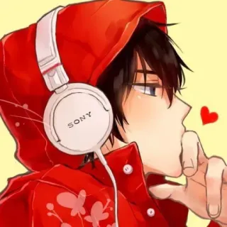 🤔 SONY anime, cuffie, felpa rossa con cappuccio, cuore, ragazzo, carino telegram sticker