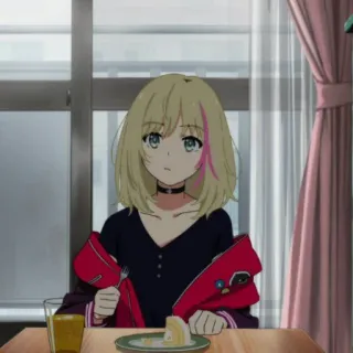 🍒 ragazza anime, capelli biondi, torta, interno, mangiare, kawaii, carino, choker telegram sticker