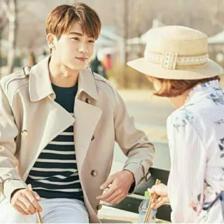 💑 man, woman, couple, trench coat, hat, park telegram sticker