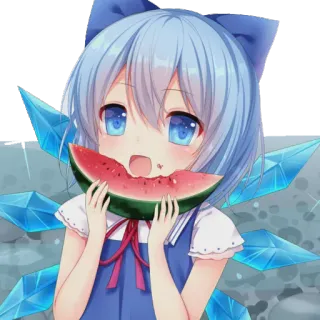 🍉 Cirno อนิเมะ, การ์ตูน, ผู้หญิง, แตงโม, น่ารัก, Cirno, โทโฮโปรเจกต์ telegram sticker