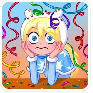 🥳 desenho animado, menina, confete, festa, entediado, triste telegram sticker