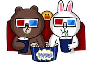 😎 POP CORN медведь, кролик, 3D очки, попкорн, фильм, мультфильм, Line Friends, Brown, Кони, утка whatsapp sticker