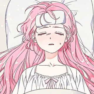 🌸 anime, gadis, sakit, tempat tidur, ilustrasi, rambut merah muda, pilek telegram sticker