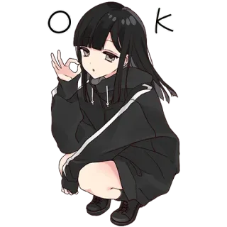 🖤 OK chica anime, gesto OK, pelo negro, sudadera con capucha, en cuclillas, anime, lindo telegram sticker