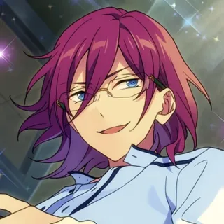 😏 anime, óculos, sorriso, cabelo roxo, personagem, masculino whatsapp sticker