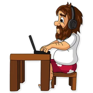 💻 hombre, ordenador, auriculares, trabajando, dibujo animado, sentado, mesa, arte digital whatsapp sticker