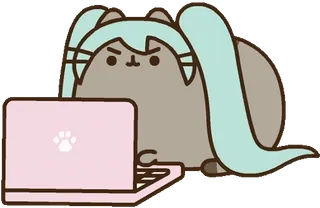 💻 Pusheen kot, kreskówka, Pusheen, internet, laptop, komputer, słodki whatsapp sticker