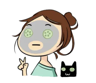 💆 cartone animato, persona, maschera viso, trattamento bellezza, cetriolo, segno pace, gatto whatsapp sticker
