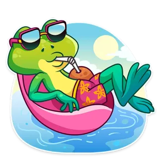 🏝 frog, summer, relaxing, cartoon, beach, vacation, pool, sunglasses telegram sticker