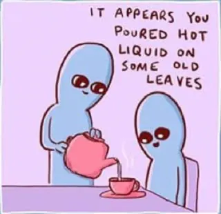 ☕️ IT APPEARS YOU POURED HOT LIQUID ON SOME OLD LEAVES 宇宙人, お茶, 面白い, ユーモア, 葉, 温かい飲み物 telegram sticker