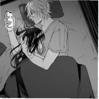 🖤 Anime, Pareja, Cama, Dormir, Teléfono, Amor telegram sticker
