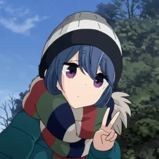 ✌️ Rin Shima Laid-Back Camp Anime, Camping, Fofo, Personagem, Sinal de paz, Inverno telegram sticker