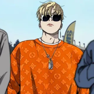 ⚜ anime, dibujos animados, personaje, gafas de sol, pelo rubio, suéter naranja whatsapp sticker
