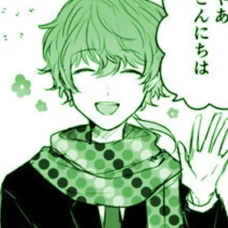 🌟 こんにちは anime, chào, vui vẻ, màu xanh lá, khăn quàng cổ whatsapp sticker