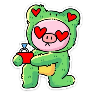 😍 动物, 猪, 绿色, 可爱, 爱, 心, 求婚, 戒指, 卡通 telegram sticker