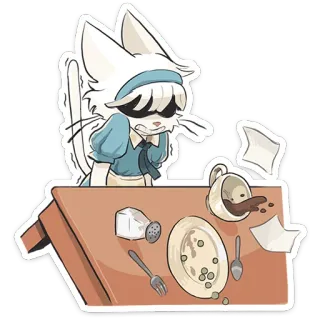 😤 猫, 散らかり, 悲しい, こぼれた, テーブル telegram sticker