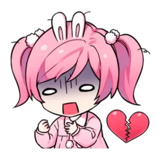 💔 anime, triste, corazón roto, pelo rosa, orejas de conejo, dibujos animados, lindo, kawaii telegram sticker