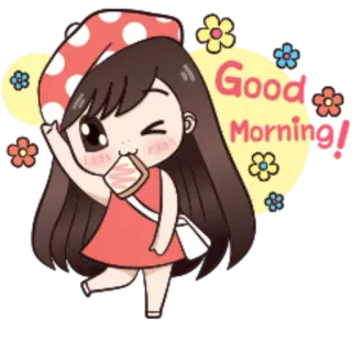 🌝 Good Morning! 좋은 아침, 귀여운, 만화, 소녀, 토스트, 꽃 whatsapp sticker