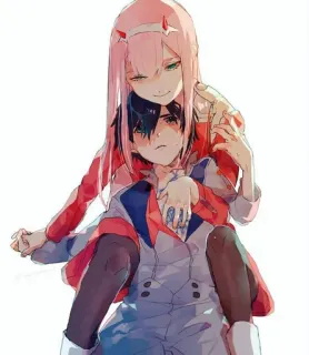 😂 Zero Two Darling in the Franxx animé, Zero Two, Darling in the Franxx, personnage, cheveux roses, couple whatsapp sticker
