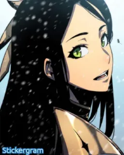 ✨ anime, donna, personaggio, capelli neri, occhi verdi, ritratto whatsapp sticker