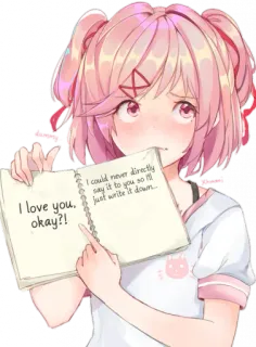 💕 Natsuki Doki Doki Literature Club I love you, okay?! 
I could never directly say it to you so I'll just write it down... Anime, Manga, Słodkie, Miłość, Wyznanie, Natsuki, Doki Doki Literature Club telegram sticker