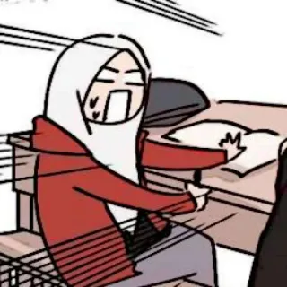 🧨 Dessin animé, Femme, Hijab, École, Assise, Bureau whatsapp sticker