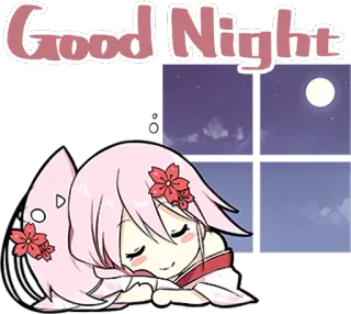 😴 Good Night bonne nuit, dormir, lune, anime, fenêtre, cheveux roses whatsapp sticker