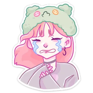 😭 pleurs, triste, fille, cheveux roses, mignon, kawaii, émotionnel, autocollant whatsapp sticker
