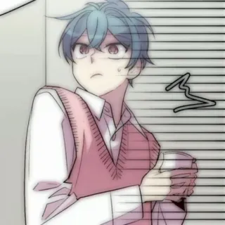 💬 chico anime, nervioso, asustado, suéter rosa, pelo azul, manga, dibujos animados telegram sticker