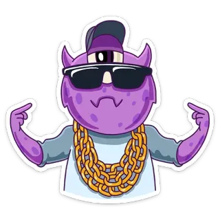 😎 monster, cartoon, purple, one-eyed, sunglasses, hat, gold chain telegram sticker