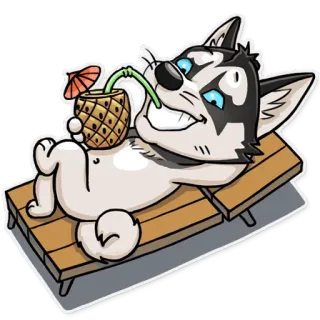 😛 dog, husky, beach, relaxation, cocktail, cartoon whatsapp sticker
