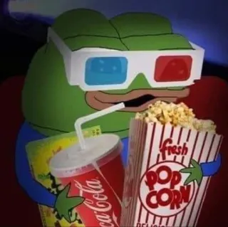 🎥 fresh POP CORN Pepe Żaba, Popcorn, Film, Rozrywka, Okulary 3D, Cola, Kino telegram sticker