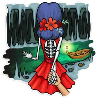 😈 esqueleto, rio, fantasia, morte, barco, vestido, flores, casal, mão telegram sticker