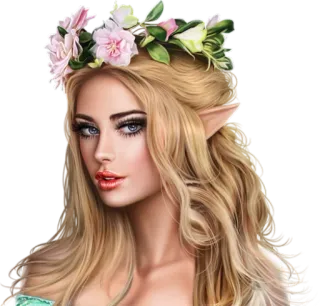 😟 elfo, mujer, corona de flores, rubia, fantasía telegram sticker