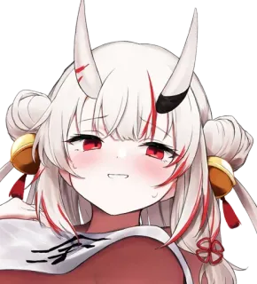 😏 Anime, Oni, Cornes, Femme, Cheveux blancs, Yeux rouges, Dessin animé telegram sticker