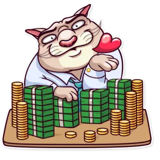 😘 kucing, uang, kaya, tumpukan uang, koin, kekayaan whatsapp sticker